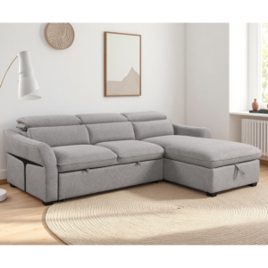 Canapé d'angle Levano avec fonction lit et rangement – Gris