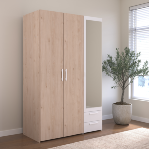 Armoire Hazel 3 Portes + 2 Tiroirs + Miroir - Chêne / Blanc