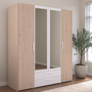 Armoire Hazel 4 Portes + 2Tiroirs + Miroir - Chêne / Blanc