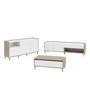Pack Airby chêne/blanc – Meuble TV, buffet et table basse