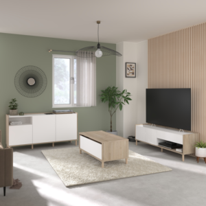 Pack Airby chêne/blanc – Meuble TV, buffet et table basse