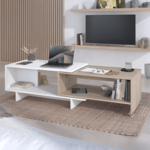 Table Basse Vigo Chêne/Blanc avec Plateau Coulissant – 149×50×40 cm