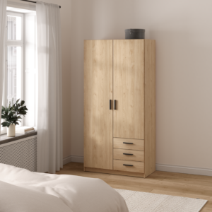 Armoire 2 Portes et 3 Tiroirs Sprint – 98,5×49,8×200,4cm – Chêne
