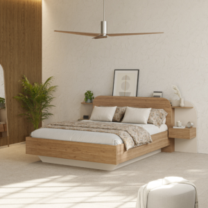 Set Lit Dorian 140 x 190 cm sans sommier + 2 Tables de Chevet - Chêne Sable