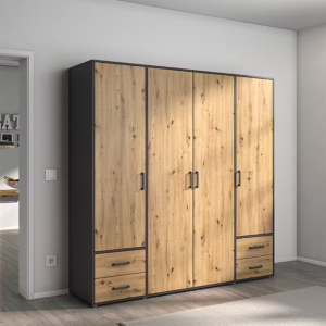 Armoire Monissa 200,1x59x205,9 cm - 4 Portes + 4 Tiroirs - Chêne Artisan / Noir