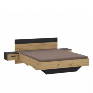 Set Lit Monissa 160x200 cm Avec Sommier + 2 Chevets - Chêne Artisan / Noir Hello Summer