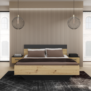 Set Lit Monissa 160x200 cm Avec Sommier + 2 Chevets - Chêne Artisan / Noir