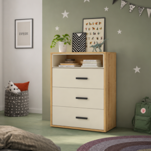 Commode Sirmione 90 x 40 x 113 cm – 3 tiroirs et 1 niche – Chêne Sable