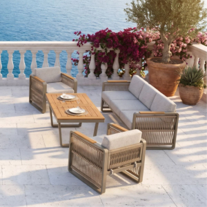 Salon Argos : canapé 3 places + 2 fauteuils + table – beige / taupe