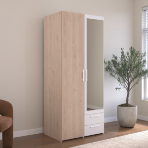 Armoire Hazel 2 Portes + 2 Tiroirs + Miroir - Chêne / Blanc