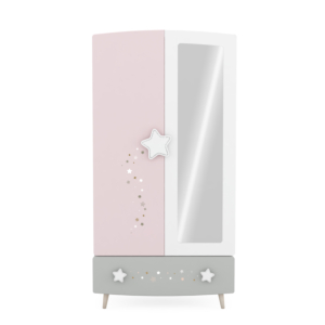 Armoire STELLA + 2 Portes + 1 Miroir - Rose / Blanc / Gris