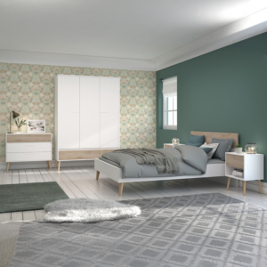 Pack Lit Aalborg 140X190Cm Avec Sommier + 2 Chevets - Blanc / Chêne