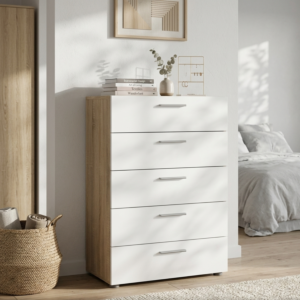 Commode PEPE - 5 tiroirs - 70 x 40,25 x 102 cm - Chêne & Blanc