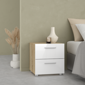 Table de Chevet 2 Tiroirs Pepe – 40×40,25×42,3cm – Chêne et Blanc