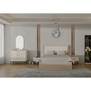 PACK LIT MAYA 160x200cm + 2 Chevets + Sommier + Matelas - Blanc / Chêne