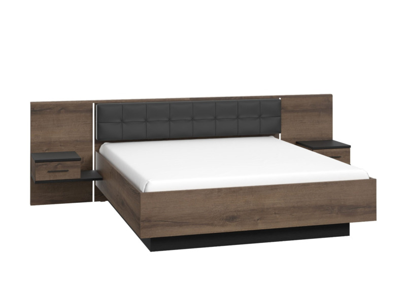 Pack BELLEVUE 160x200cm : Lit + Deux Tables De Chevets Avec 1 Tiroir + Eclairage  - Chêne / Marron Foncé