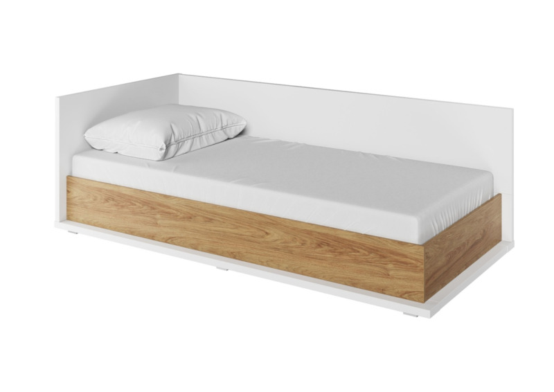 Lit Coffre SIMI 90x200 Gauche Avec Matelas - Blanc / Chêne