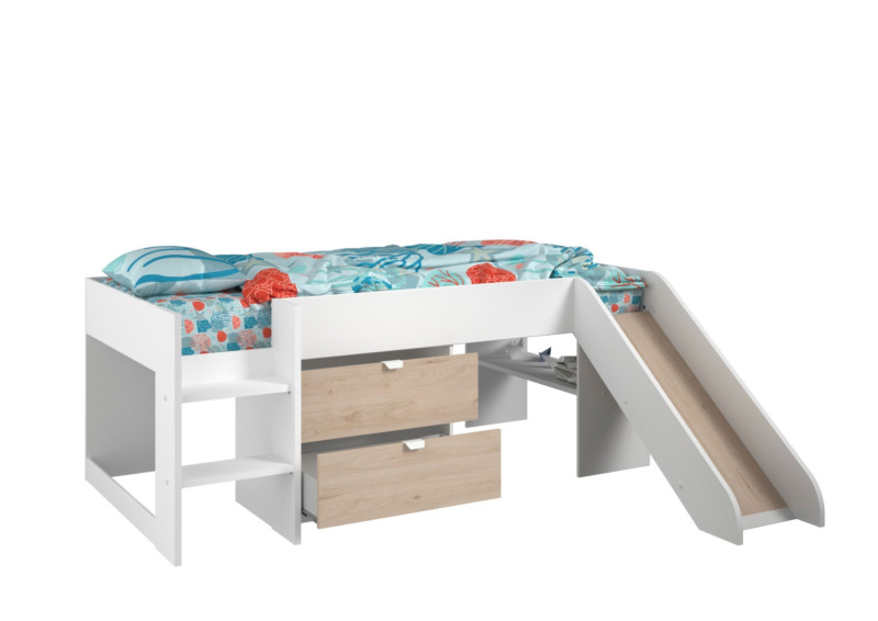 Lit Toboggan TOBO Avec Planche Sommier + 2 Tiroirs + Niches - Chêne / Blanc