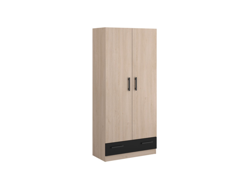 Armoire ORLANDO 2 Portes + 1 Tiroir - Chêne / Noir