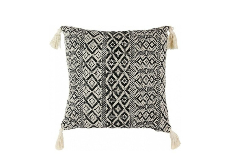 Coussin Imprimé Ethnique Avec Pompons - Beige / Noir