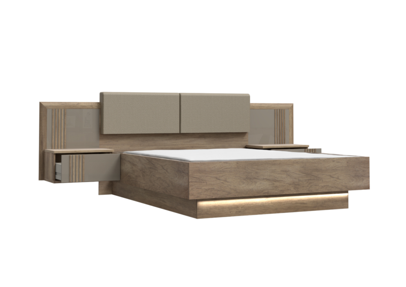 Lit float 140x190cm 2 tables de chevet suspendues ch ne gris