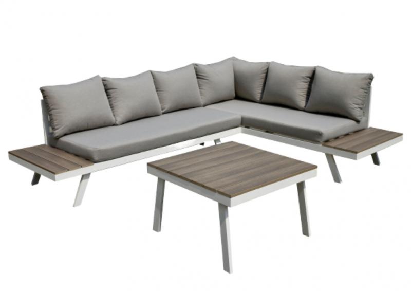 Coin MILANE  En Aluminium Avec Table Basse  - Blanc / Beige